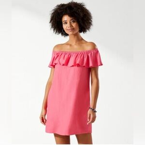 Tommy Bahama Linen-Blinend Off-The-Shoulder Dress In Coral Coast
Good condition